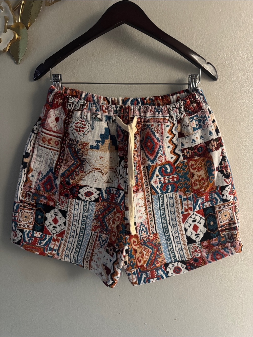 PacSun Boho Patchwork Drawstring Shorts — Rust, Teal & Cream